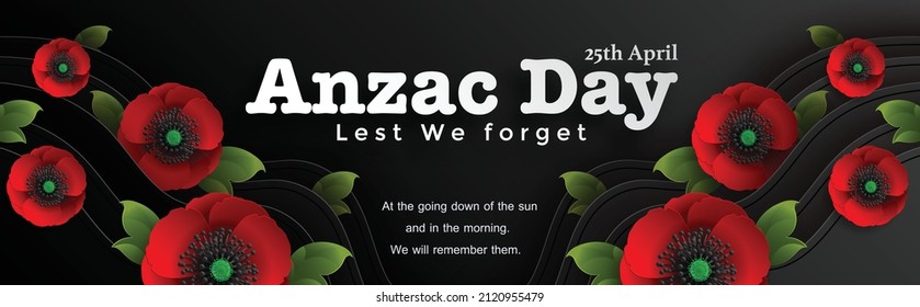 Anzac Day vector poster. Lest We forget. with nice red poppy flower on paper color background.