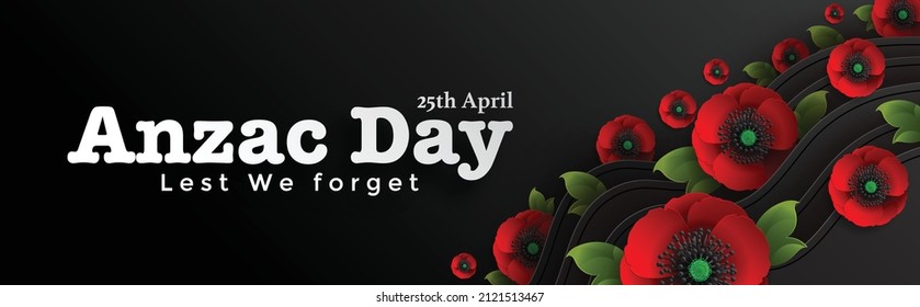 Anzac Day vector poster. Lest We forget. with nice red poppy flower on paper color background.