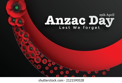 Anzac Day vector poster. Lest We forget. with nice red poppy flower on paper color background.