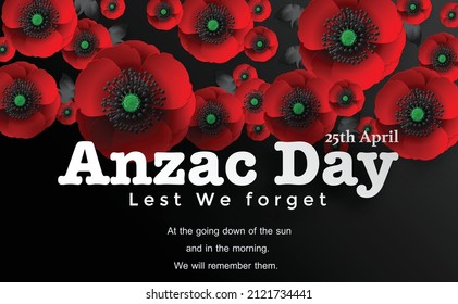 Anzac Day vector poster. Lest We forget. with nice red poppy flower on paper color background.