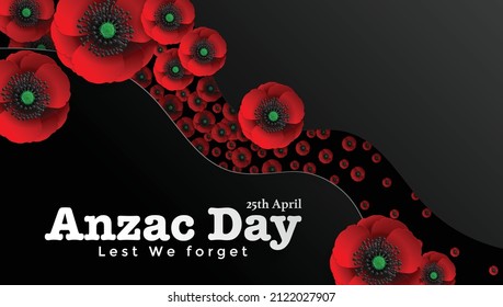 Anzac Day vector poster. Lest We forget. with nice red poppy flower on paper color background.