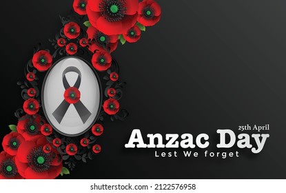 Anzac Day vector poster. Lest We forget. with nice red poppy flower on paper color background.