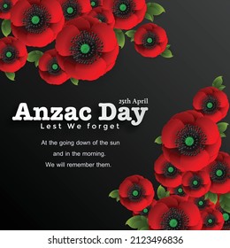 Anzac Day vector poster. Lest We forget. with nice red poppy flower on paper color background.