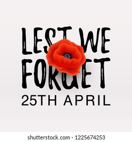 Anzac Day vector poster. Realistic Red Poppy flower - international symbol of peace. Lest We Forget text. 25th April date. Remembrance Day. Vector Illustration EPS 10 file.