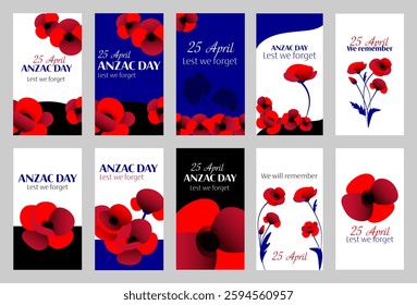 Anzac day vector social media templates with poppy flowers