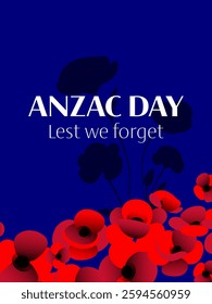 Anzac day vector vertical poster with poppy flower composition on blue 