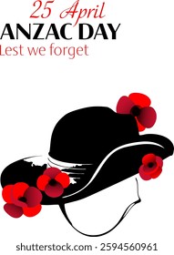 Anzac day vector vertical poster with slouch hat and poppy flowers on white background