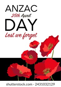 Anzac day vertical poster layout template with red poppies on white background