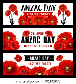 Anzac Remembrance Day banner with red poppy flower. Australian and New Zealand Army Corps memory day of soldiers of World War poster with black ribbon and text Lest We Forget