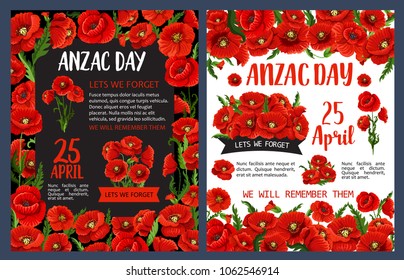 Anzac Remembrance Day poster for Australian and New Zealand national memorial anniversary of war soldier. Red poppy flower with black ribbon banner and Lest We Forget message for banner design