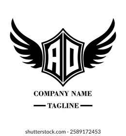 AO A bold winged shield emblem with customizable initials A-Z. Sleek black-and-white vector, perfect for branding, sports teams, motorcycle clubs, gaming,apparel and High-quality
