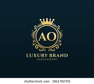 AO Initial Letter Gold calligraphic feminine floral hand drawn heraldic monogram antique vintage style luxury logo design.