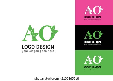 AO letters eco logo with leaf. Vector typeface for nature posters, eco friendly emblem, vegan identity, herbal and botanical cards etc. Ecology AO letters logo with green leaf.