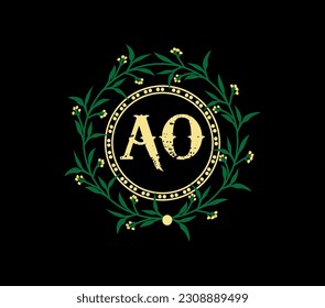 AO Logo design with unique and simple design., laurel wreath with ribbon.