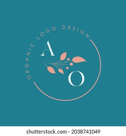 AO or A O organic letter logo design on a circle shape frame with botanical flower elements, vector illustration. Natural pastel icon.