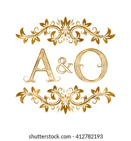 A&O vintage initials logo symbol. Letters A, O, ampersand surrounded floral ornament. Wedding or business partners initials monogram in royal style.