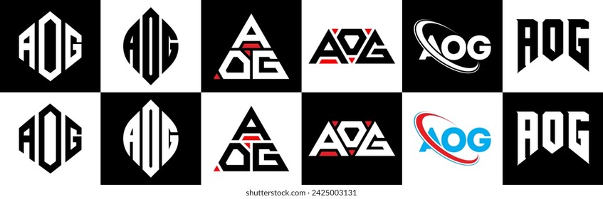 AOG letter logo design in six style. AOG polygon, circle, triangle, hexagon, flat and simple style with black and white color variation letter logo set in one artboard. AOG minimalist and classic logo