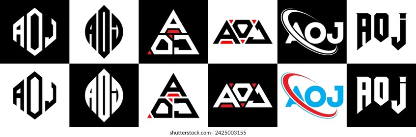 Diseño del logotipo de la letra de AOJ en seis estilos. AOJ polígono, círculo, triángulo, hexágono, estilo plano y simple con el logotipo de la letra de la variación del color blanco y negro establecido en una mesa de trabajo. Logo minimalista y clásico de AOJ