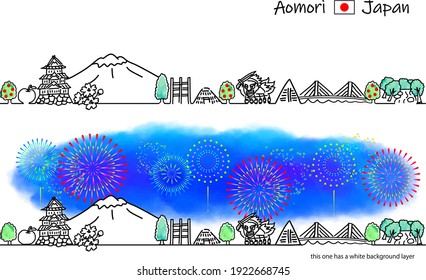 Aomori Japan cityscape and fireworks line art illustration set