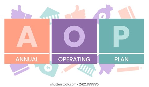 AOP, Annual Operating Plan. Concept with keywords, people and icons. Flat vector illustration. Isolated on white background.