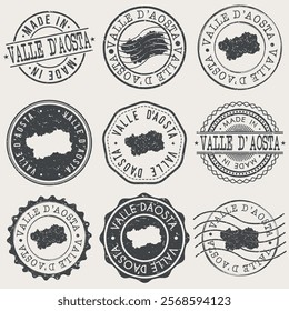 Aosta Valley, Italy Set of Stamps. Country Travel Marks. Made In Product. Design Seals Old Style Insignia.