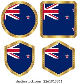 Aotearoa (New Zealand) National Flag Collection Set of Circular, Square, Shield, Hexagon Gold Border Logo Button Icon Vector Design Isolated on White Background