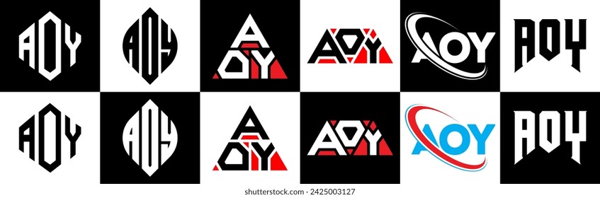 Diseño del logotipo de la letra de AOY en seis estilos. AOY polígono, círculo, triángulo, hexágono, estilo plano y simple con el logotipo de la letra de la variación del color blanco y negro establecido en una mesa de trabajo. Logo minimalista y clásico de AOY