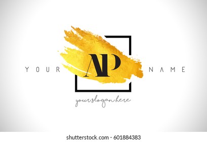 AP Golden Letter Logo Design with Creative Gold Brush Stroke and Black Frame.
