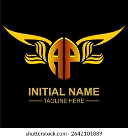 AP Golden Wing Emblem Logo with elegant gold wings, sleek and modern design. Ideal for branding, creative projects, luxury businesses, or artistic ventures.