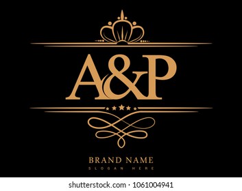 A&P Initial logo, Ampersand initial logo gold with crown and classic pattern