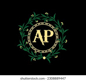 AP Logo design with unique and simple design., laurel wreath with ribbon.