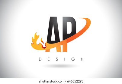 AP A P Letter Logo Design with Fire Flames and Orange Swoosh Vector Illustration.
