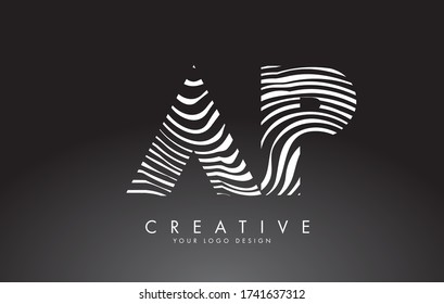 AP a p Letters Logo Design with Fingerprint, black and white wood or Zebra texture on a Black Background. Creative AP a p vector illustration with black and white lines.