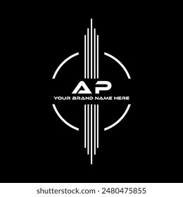 Diseño de logotipo moderno de tres letras AP sobre fondo de color negro
