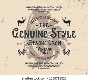 "Apache Crew". Retro Font. Indian Style.  Vintage Handcrafted Typeface. Clean & Textured Versions Included. Vector Illustration.