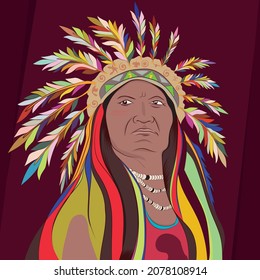 Apache culture man, decorated with colored feathers.