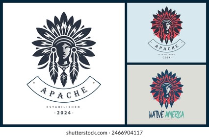 Apache Indianer Azteken Native American Krieger Stämme Gesicht Kopf Logo Vorlage Design