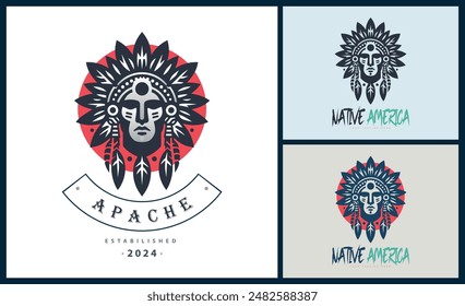 Apache indian aztec native american warrior tribes face head logo template design