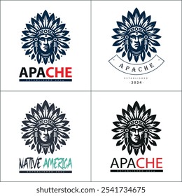 Apache indian aztec native american warrior tribes face head logo set silhouette