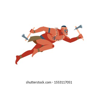 Apache Indian Native American warrior or brave leaping toward and attacking with a tomahawk. Vector cartoon clip art  illustration isolated of white background