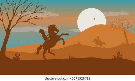 Apache Indian Riding a Horse - Beautiful 2D Landscape Silhouette Wallpaper