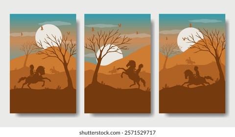 Apache Indian Riding a Horse - Portrait Silhouette Design Set, Beautiful 2D Landscape Silhouette Wallpaper Set