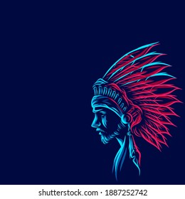 Apache indian warrior hero Line. Pop Art logo. Colorful design with dark background. Abstract vector illustration. Isolated black background for t-shirt, poster, clothing, merch, apparel, badge design