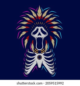 Apache indian warrior hero Line Pop Art logo. Halloween ghost face design with dark background. Abstract vector illustration. Isolated black background for t-shirt, poster, clothing, merch, apparel. 