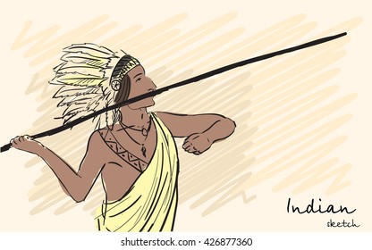Apache Indian warrior throwing a spear. Corporate identity sketch. Vector illustration