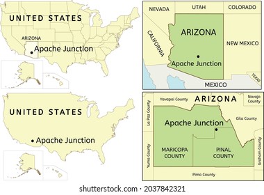 Apache Junction city location on USA, Arizona state, Pinal County and Maricopa County map
