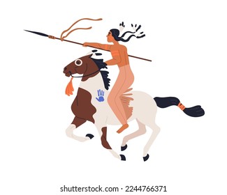 Apache tribal warrior riding horseback. Armored Native American horse back rider attacking with lance, spear. Historical horseman character. Flat vector illustration isolated on white background
