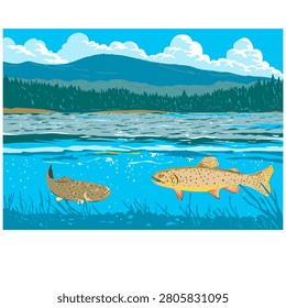 Apache Trouts in Lee Valley Lake, Arizona, USA, illustrated in classic WPA art style, featuring native trout swimming through the pristine mountain waters of Arizona’s scenic high-country reservoir