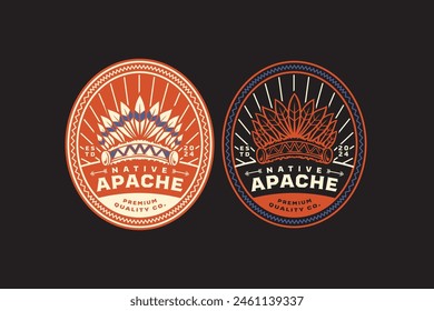 apache war bonnet indian hat badge logo design for native adventure and outdoor culture business