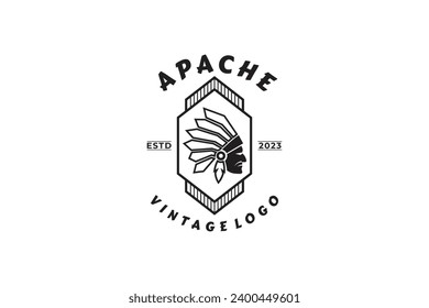 Apache warrior logo, Indian tribe, native primitive, traditional tribal shield in flat design style